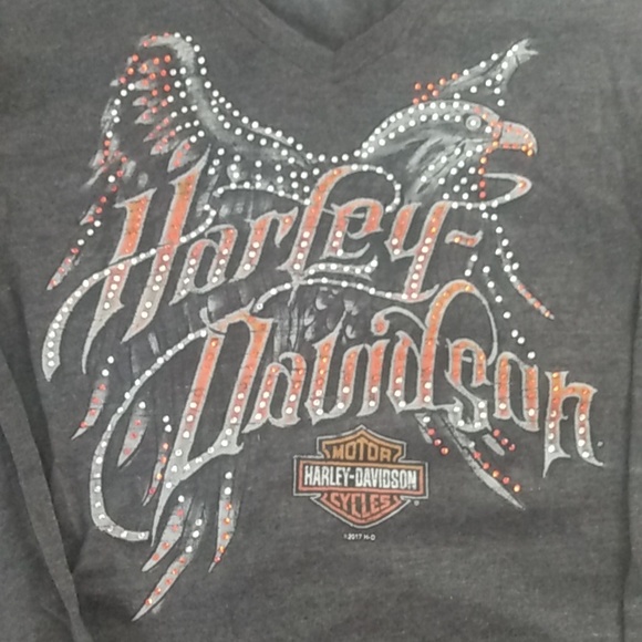 Harley Davidson Motorcycle Women's Long Sleeve Shirt size S Gray and Orange Gems - Picture 2 of 12